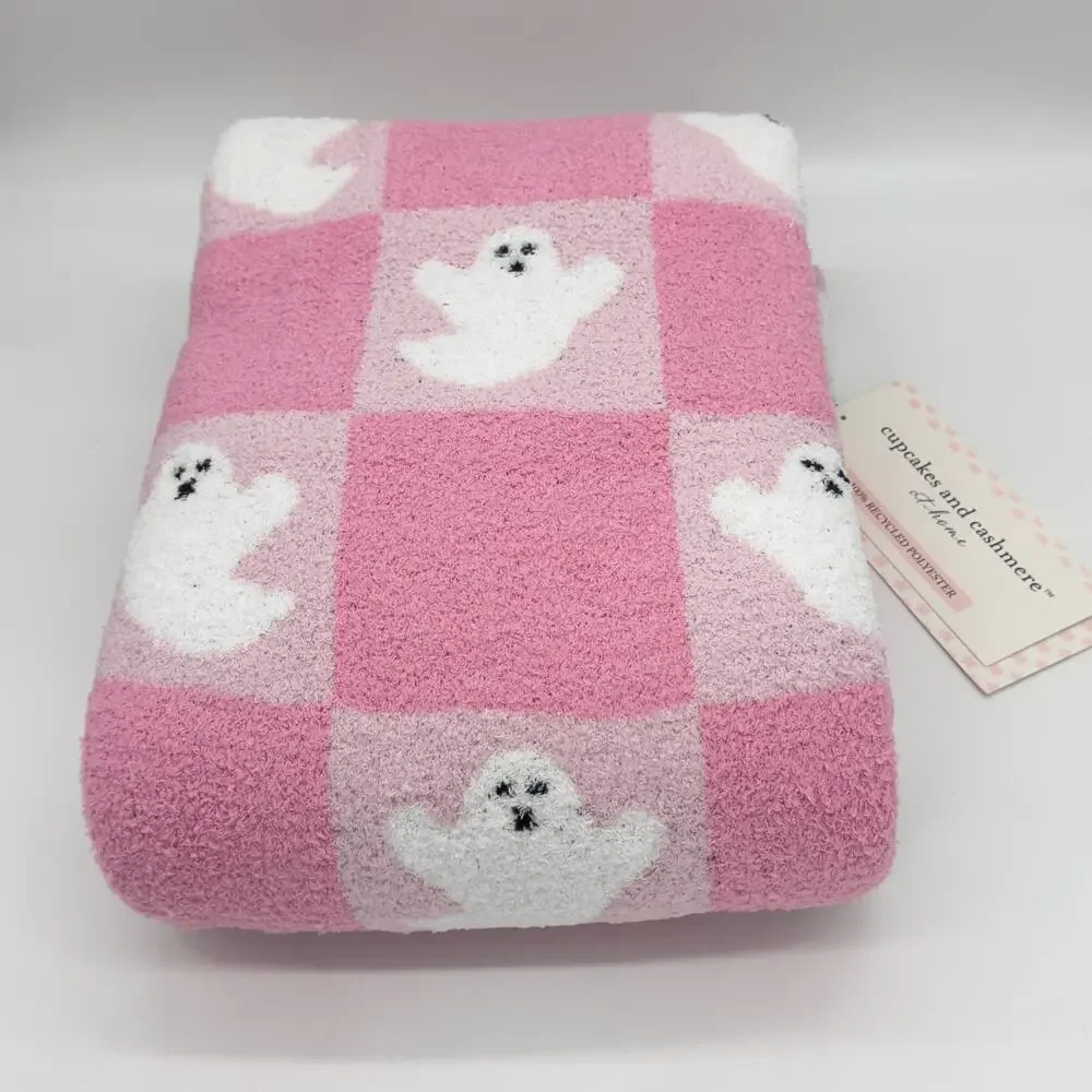 Cupcakes & Cashmere Pink & White Checkered Ghost Throw Blanket Halloween New